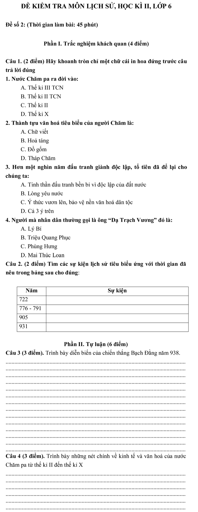 Đề thi học kì 2 lớp 6 môn Lịch Sử