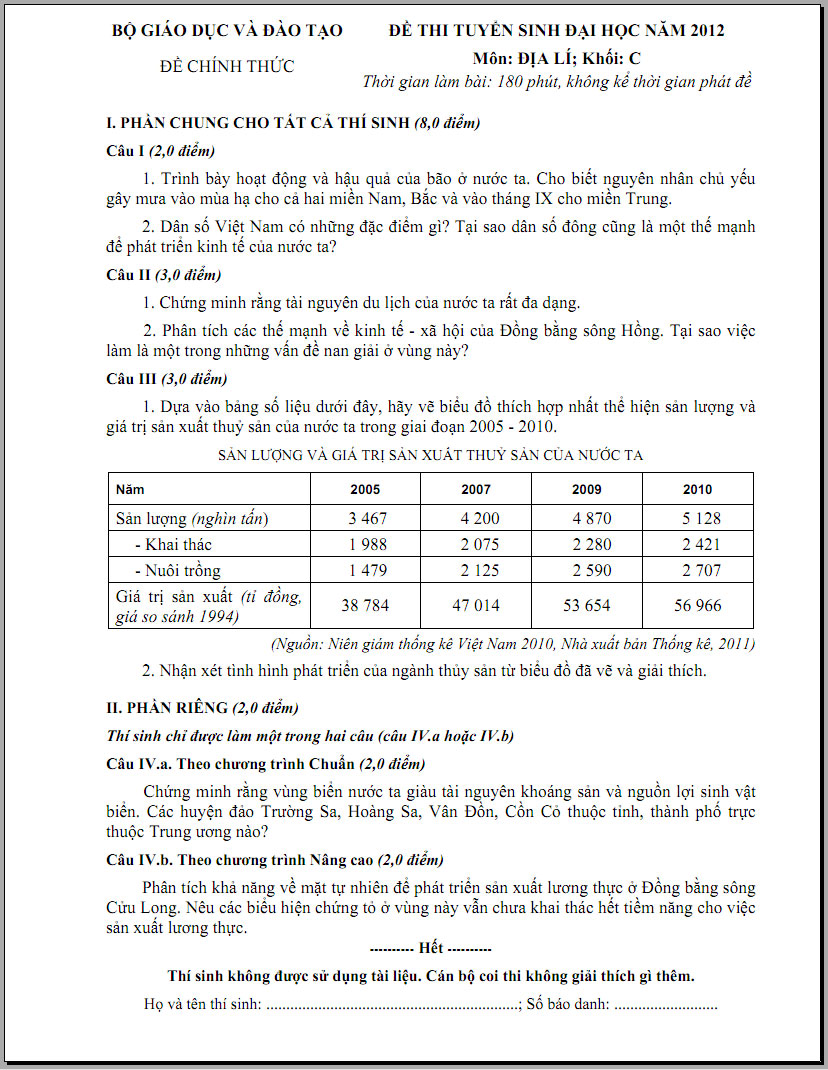 Click vào hình để xem kích thước rộng hơn - Đề thi môn Địa khối C 2012