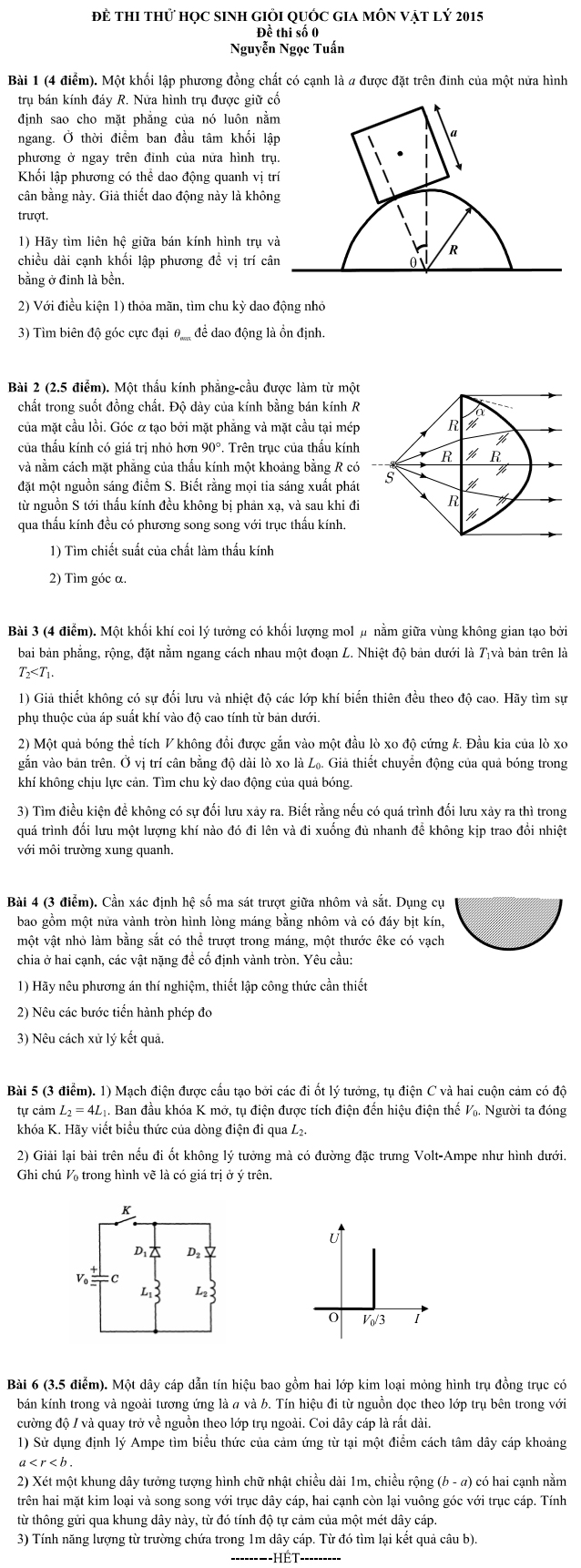 Đề thi thử HSG Quốc gia m&ocirc;n Vật l&yacute; 2015