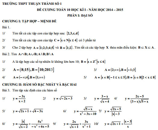 Đề cương ôn tập học kì I lớp 10 trường PTTH Thuận Thành 1 - Tỉnh Bắc Ninh