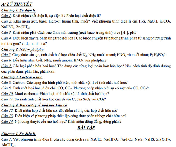 Đề cương ôn tập học kì I lớp 10 trường PTTH Thuận Thành 1 - Tỉnh Bắc Ninh