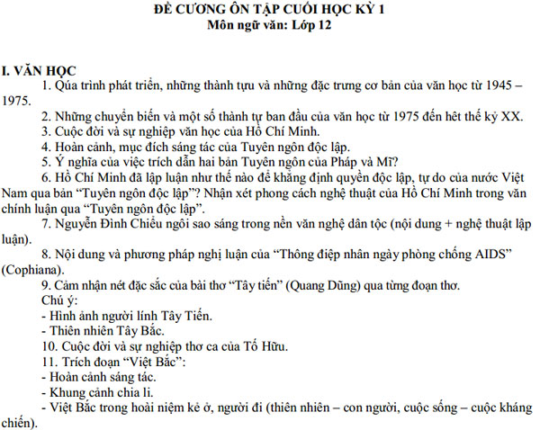Đề cương ôn tập môn Ngữ Văn Đề cương ôn tập học kì I lớp 10 trường PTTH Thuận Thành 1 - Tỉnh Bắc Ninh