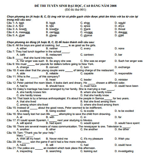 Đề thi đại học môn tiếng Anh Đề thi đại học khối D