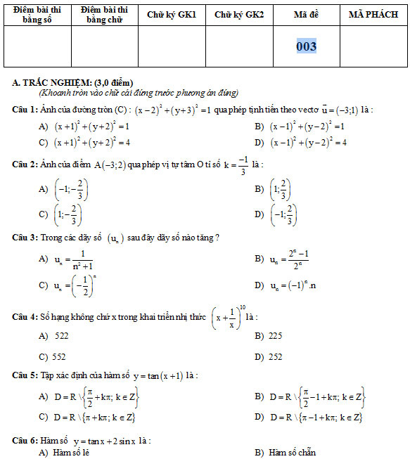 Đề kiểm tra học kỳ I lớp 11 năm 2014 - 2015 THPT Tăng Bạt Hổ tỉnh B&igrave;nh Định
