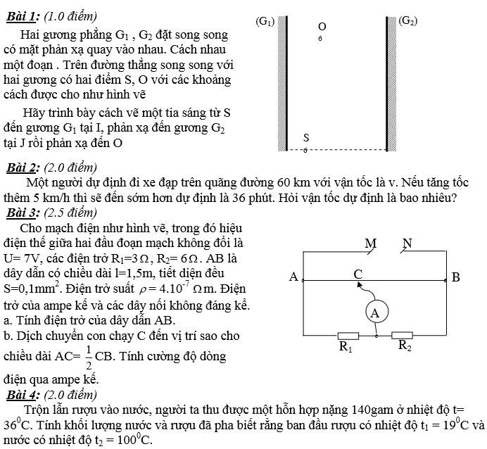 Đề thi học sinh giỏi môn Vật lý lớp 9 năm 2015