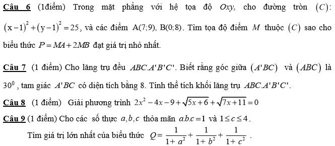 M&ocirc;n : To&aacute;n 12; Khối D   Thời gian: 180  ph&uacute;t (Kh&ocirc;ng kể giao đề) 