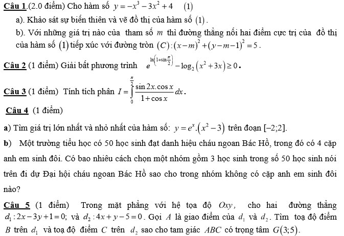 M&ocirc;n : To&aacute;n 12; Khối D   Thời gian: 180  ph&uacute;t (Kh&ocirc;ng kể giao đề) 