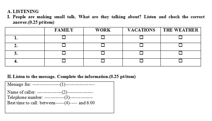 Đề thi học kỳ I m&ocirc;n Tiếng Anh lớp 10