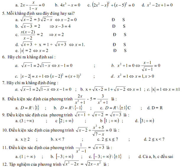 Câu hỏi trắc nghiệm Toán học lớp 10