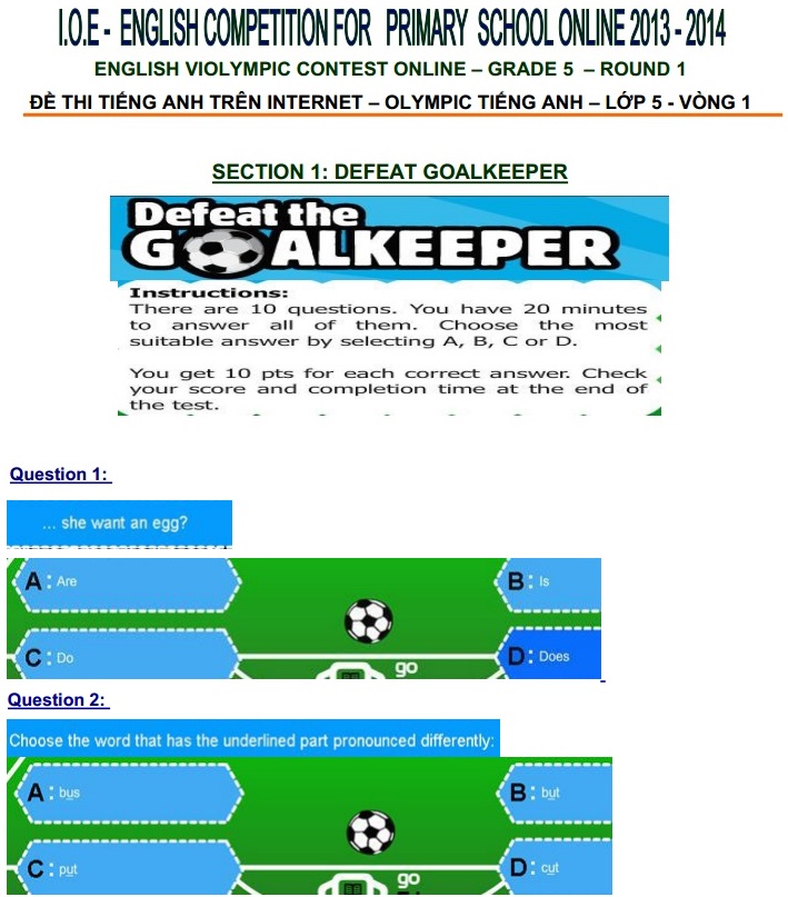 Đề thi Tiếng Anh Violympic lớp 5 vòng 1 năm 2013 - 2014