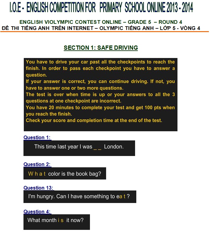 Đề thi Tiếng Anh Violympic lớp 5 vòng 4 năm 2013 - 2014