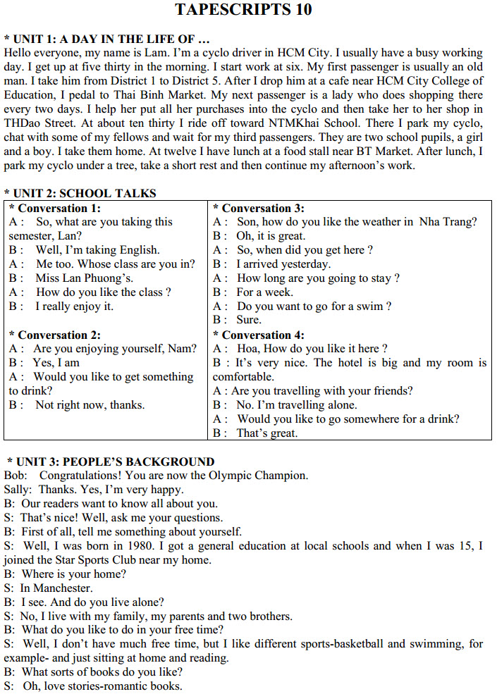 Hệ thống bài nghe môn tiếng Anh 10