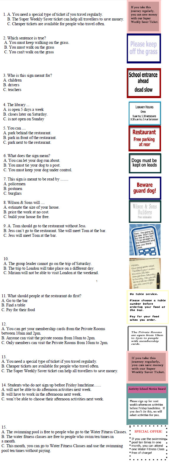 Đề thi PET (B1) phần đọc có đáp án