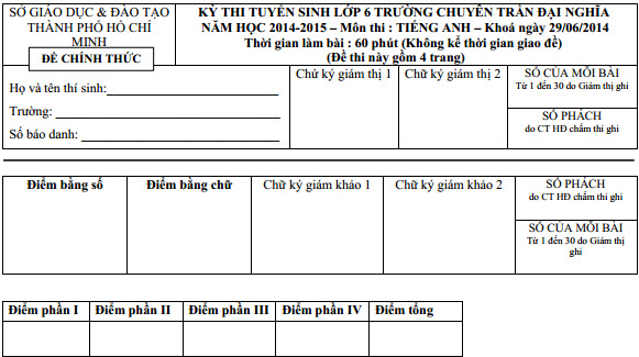 Đề thi vào lớp 6 môn Tiếng Anh trường Chuyên Trần Đại Nghĩa năm 2014