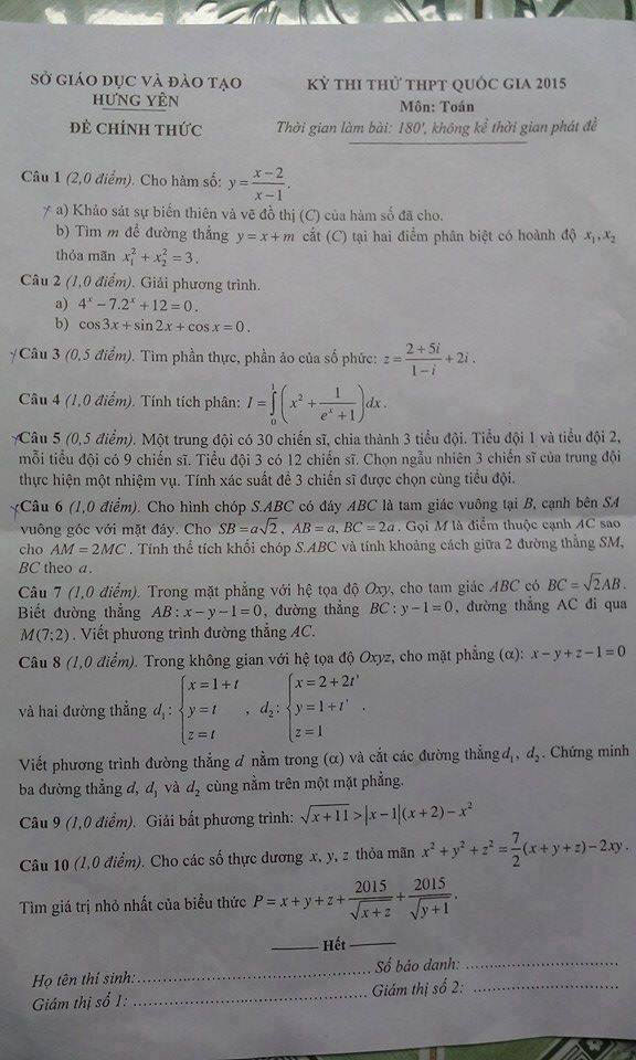 Đề thi thử đại học m&ocirc;n To&aacute;n