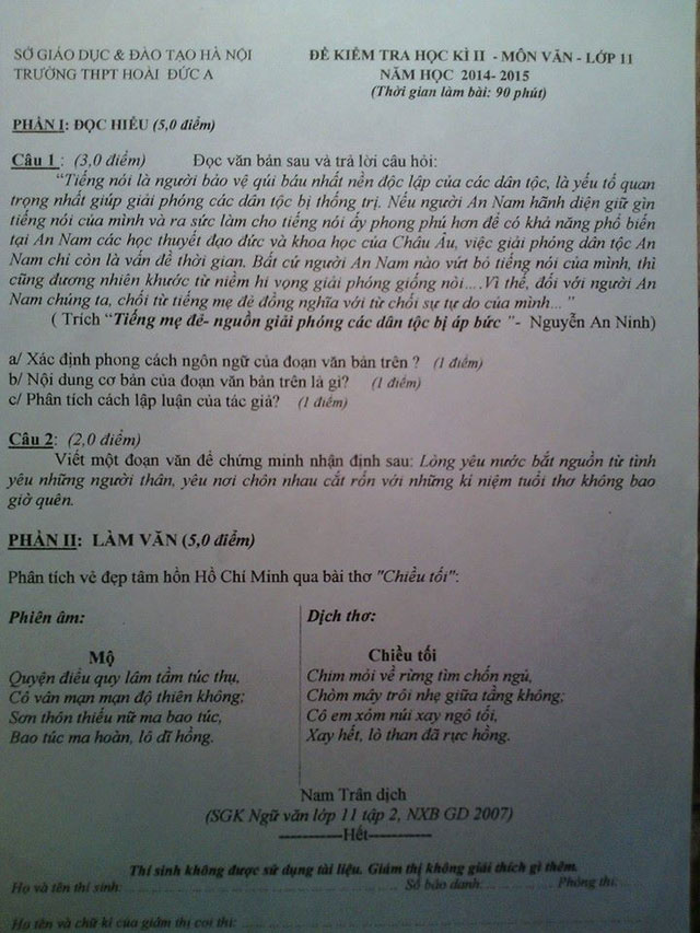 Đề thi học kì 2 môn Ngữ văn lớp 11 năm 2014-2015 trường THPT Hoài Đức A Đề thi học kì 2 môn Ngữ văn 11