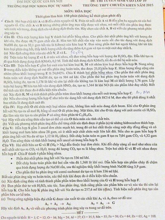 Đề thi tuyển sinh vào lớp 10 môn Hóa năm 2015 trường THPT Chuyên KHTN Đề thi tuyển sinh môn Hóa