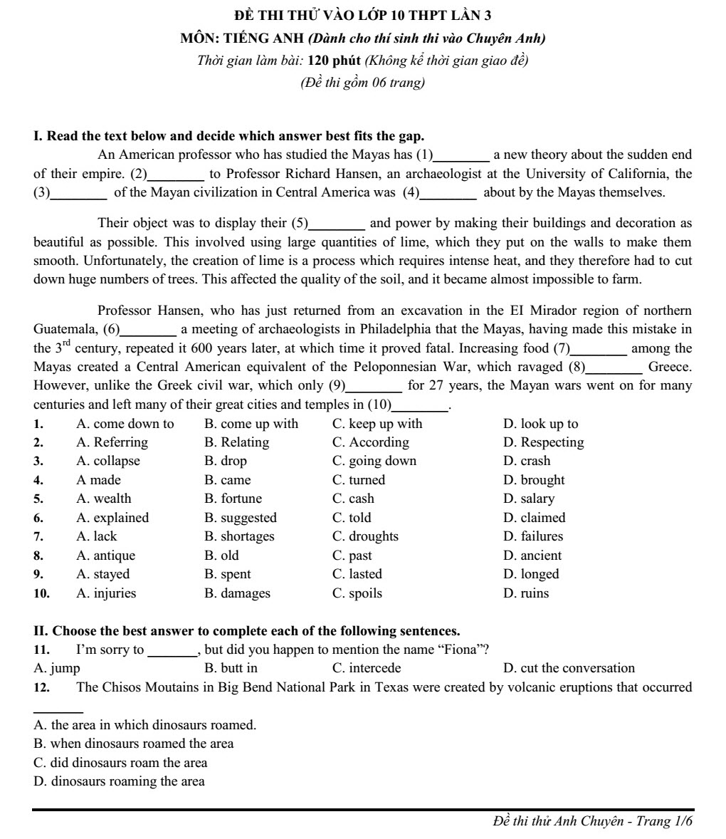 Đề thi thử tuyển sinh v&agrave;o lớp 10 m&ocirc;n Tiếng Anh c&oacute; đ&aacute;p &aacute;n