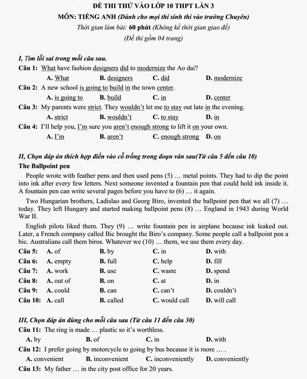 Đề thi thử tuyển sinh vào lớp 10 môn Tiếng Anh có đáp án