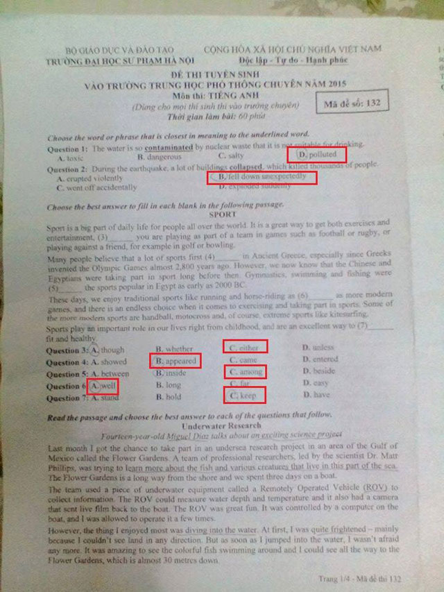 Đề tuyển sinh vào lớp 10 môn tiếng Anh năm học 2015-2016 trường THPT Chuyên Sư Phạm, Hà Nội Đề thi vào lớp 10 môn tiếng Anh trường THPT Chuyên Sư Phạm