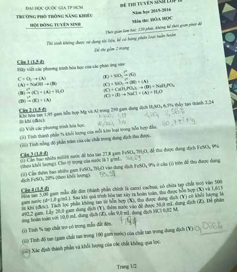Đề thi tuyển sinh vào lớp 10 môn Hóa trường PTNK năm học 2015-2016 Đề thi vào lớp 10 môn Hóa