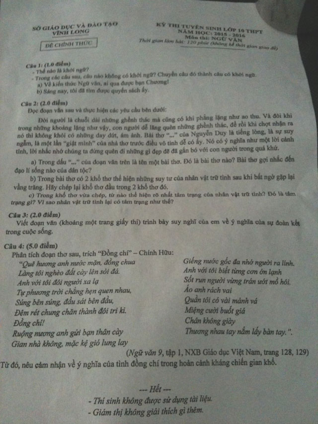 Đề thi tuyển sinh vào lớp 10 môn Ngữ văn tỉnh Vĩnh Long Đề thi vào lớp 10 môn Ngữ văn