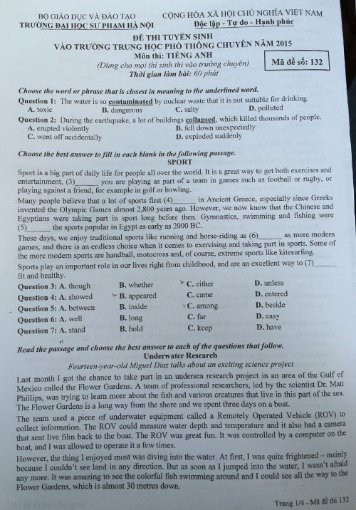 Đề tuyển sinh vào lớp 10 môn tiếng Anh năm học 2015-2016 trường THPT Chuyên Sư Phạm, Hà Nội Đề thi vào lớp 10 môn tiếng Anh trường THPT Chuyên Sư Phạm