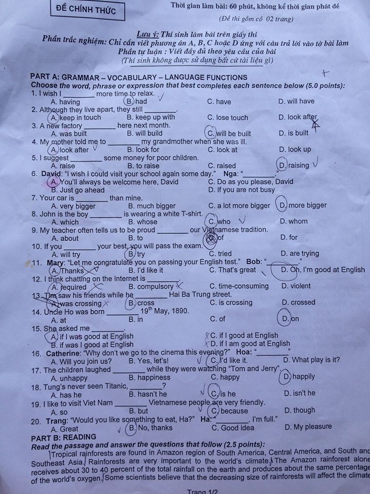 Đề thi vào lớp 10 môn Tiếng Anh