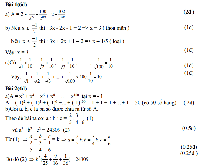 Đáp án môn toán lớp 7