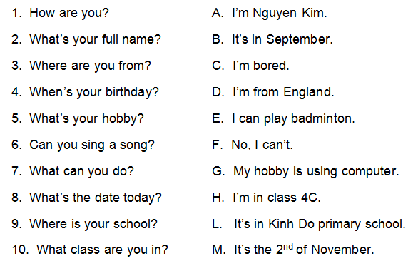 Đề kiểm tra tiếng Anh lớp 4