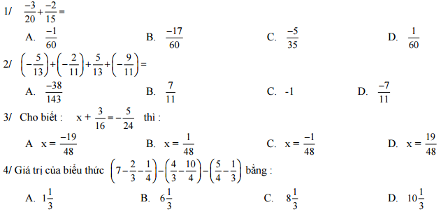 Câu hỏi trắc nghiệm môn toán lớp 7