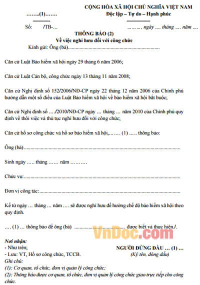 Mẫu thông báo nghỉ hưu