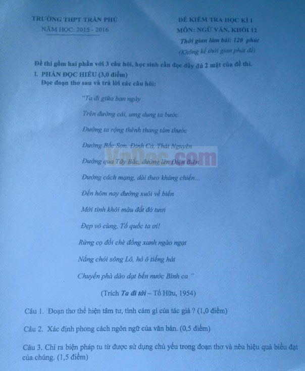 Đề thi học kì 1 môn Ngữ văn lớp 12 Đề thi học kì 1 môn Ngữ văn lớp 12