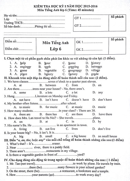 Đề thi khảo sát chất lượng học kỳ 1 môn tiếng Anh lớp 6,7,8 tỉnh Nam Định năm học 2015 - 2016