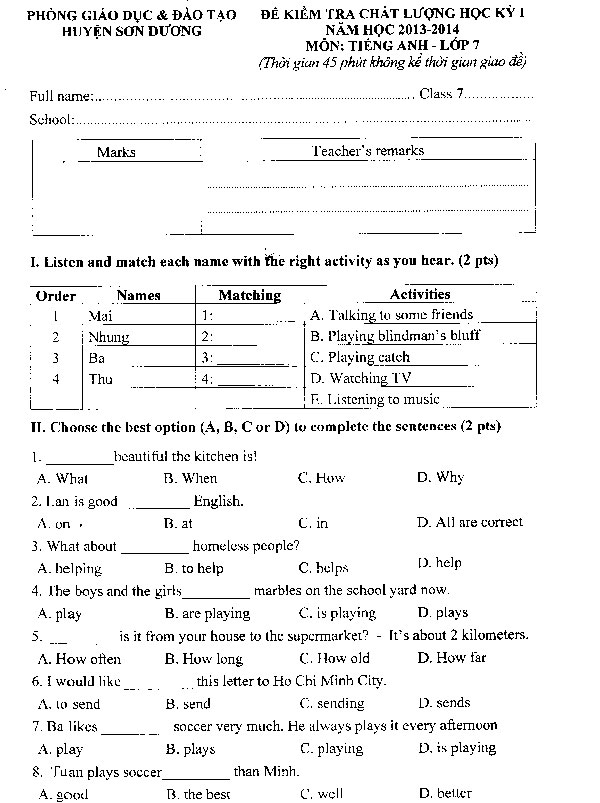 Đề kiểm tra chất lượng học kỳ 1 môn tiếng Anh lớp 7 Đề thi học kỳ 1 môn tiếng Anh lớp 7 có đáp án