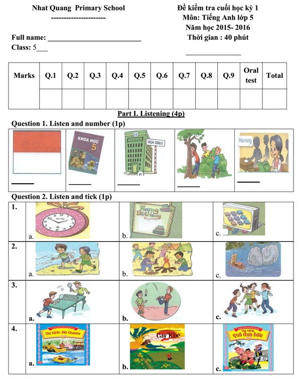 Đề thi học kỳ 1 môn tiếng Anh lớp 5