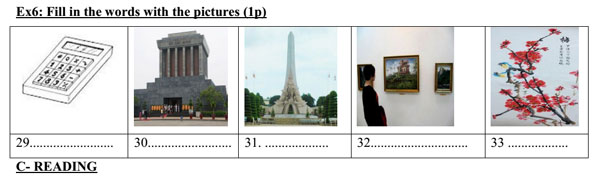 Đề thi học kỳ 1 môn tiếng Anh lớp 6 Thí điểm trường THCS Bình Minh, Hà Nội năm học 2013 - 2014 