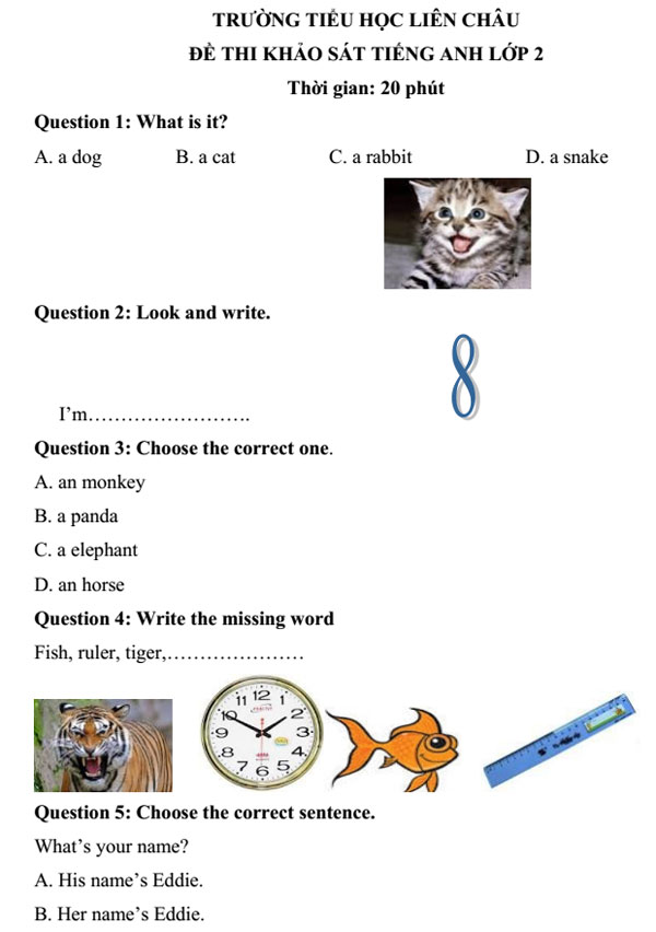 Đề thi khảo sát tiếng Anh lớp 2 