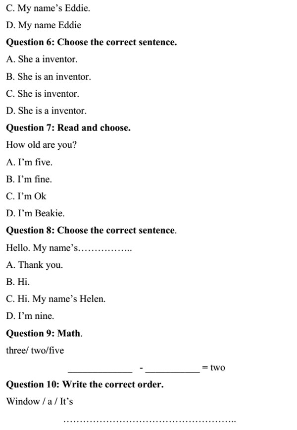 Đề thi khảo sát tiếng Anh lớp 2 