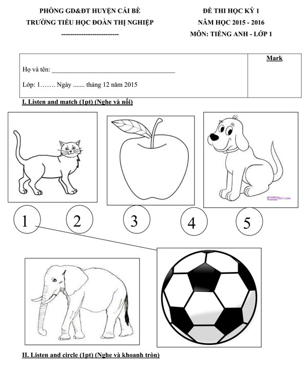 Đề thi học kỳ 1 môn tiếng Anh lớp 1 