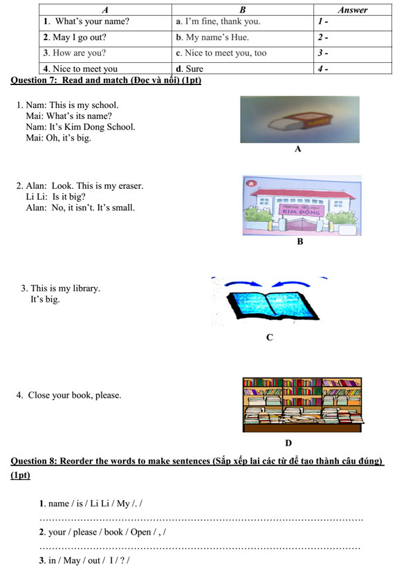 Đề thi học kỳ 1 môn tiếng Anh lớp 3 có đáp án Đề thi học kỳ 1 môn tiếng Anh lớp 3