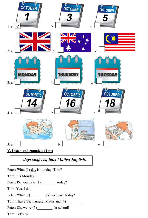 Đề thi học kỳ 1 môn tiếng Anh lớp 4 