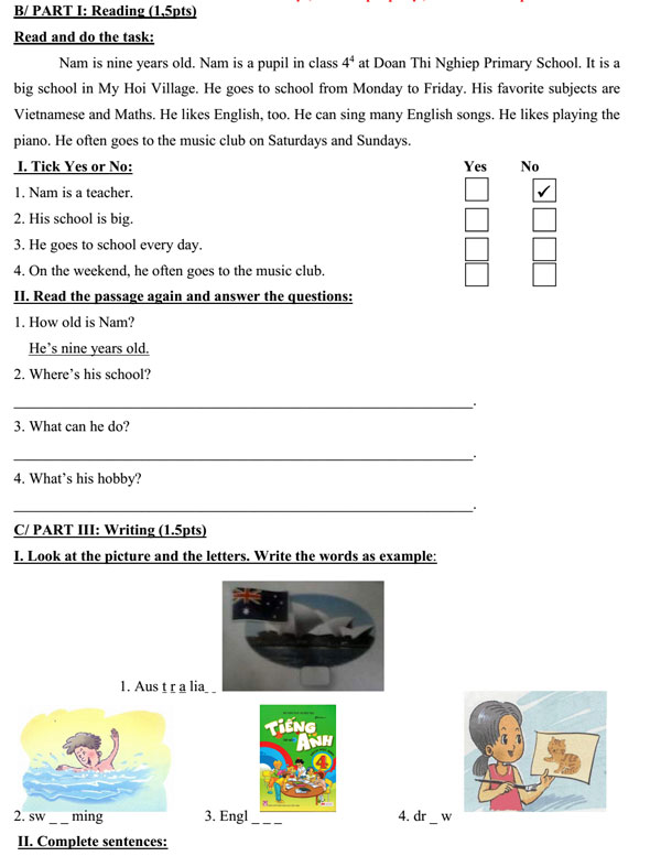 Đề thi học kỳ 1 môn tiếng Anh lớp 4 