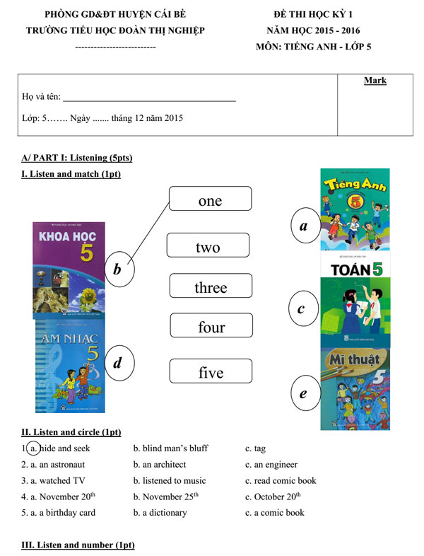 Đề thi học kỳ 1 môn tiếng Anh lớp 5 