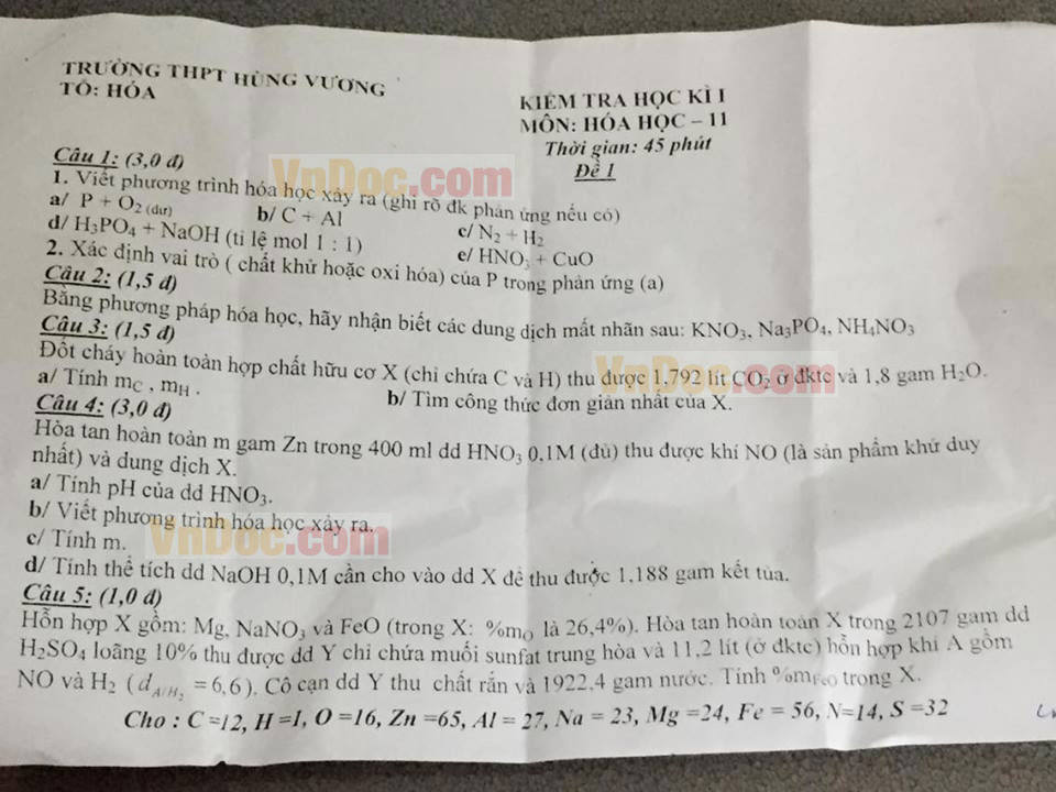 Đề thi học kỳ I lớp 11 môn Hóa học