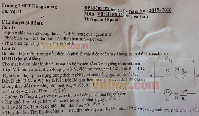 Đề kiểm tra học kỳ I lớp 11 môn Vật lý