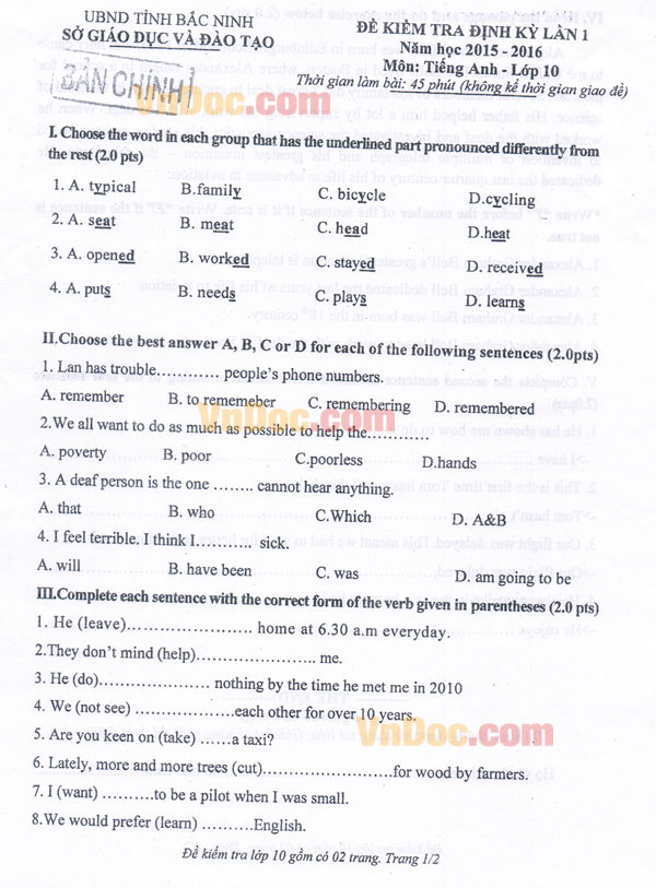 Đề kiểm tra học kỳ 1 môn tiếng Anh lớp 10 có đáp án