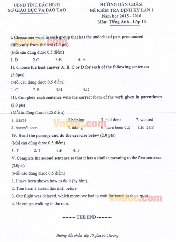 Đề kiểm tra học kỳ 1 môn tiếng Anh lớp 10 có đáp án 