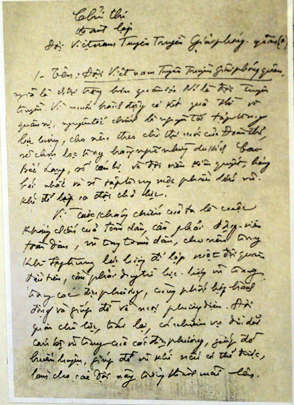 Bản chỉ thị viết tay của chủ tịch Hồ Chí Minh Tìm hiểu Ngày thành lập Đội Việt Nam tuyên truyền giải phóng quân