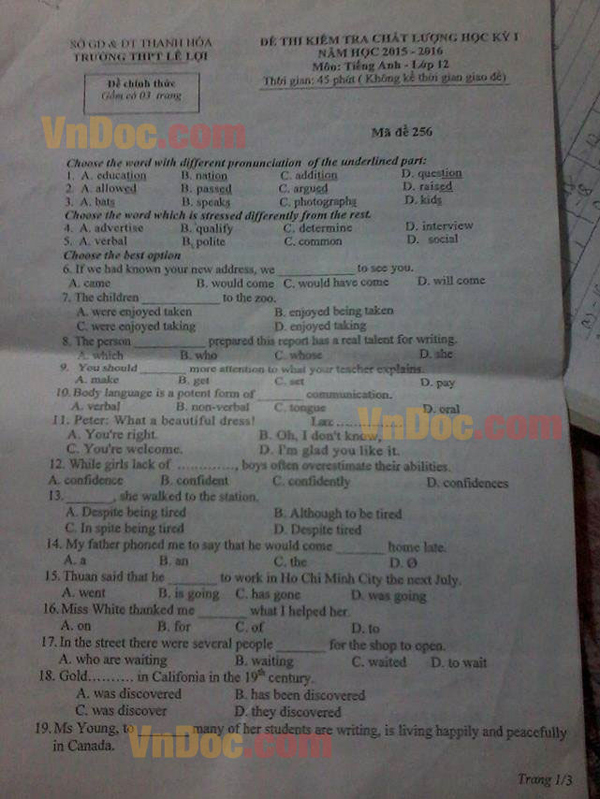 Đề thi học kỳ 1 môn tiếng Anh lớp 12 Đề kiểm tra học kỳ 1 môn tiếng Anh lớp 12